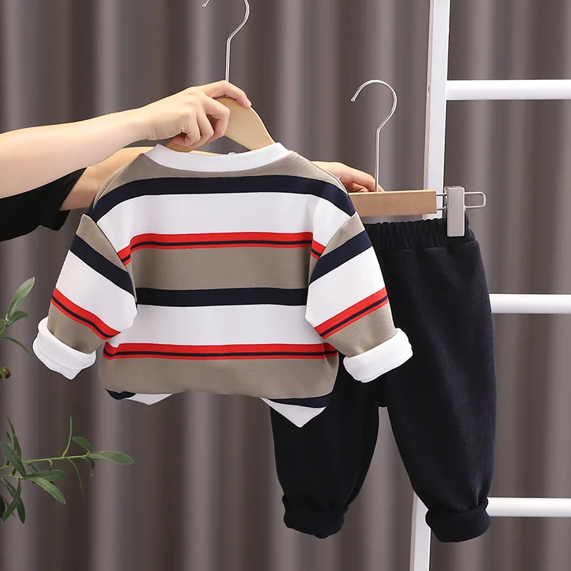 Toddler Christmas Outfit 2023 Korean Casual Striped Long Sleeve T-shirts and Pants 2PCS Baby Boy Clothes 12 to 18 Months Sets