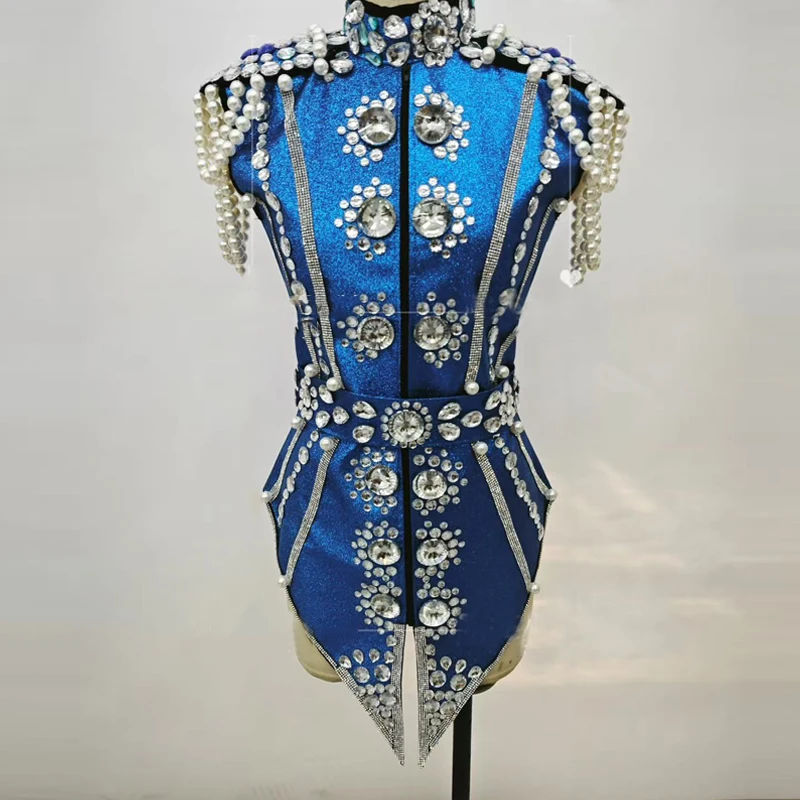 

Групповой женский вечерний джазовый костюм, синий, с большими камнями и жемчугом, праздничный наряд, бар, ночной клуб, DJ, сценическая одежда, одежда Rave Wear 9846