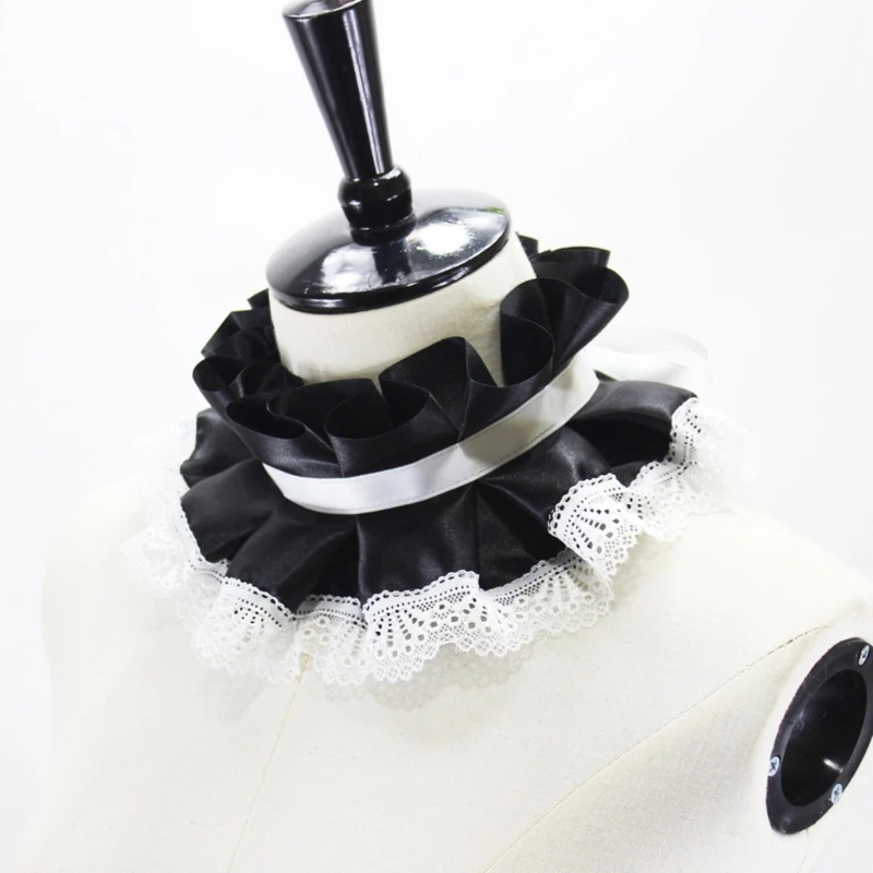 Women Victorian Ruffled Lace Faux Collar Shawl Layered Tulle Neck Ruff Choker