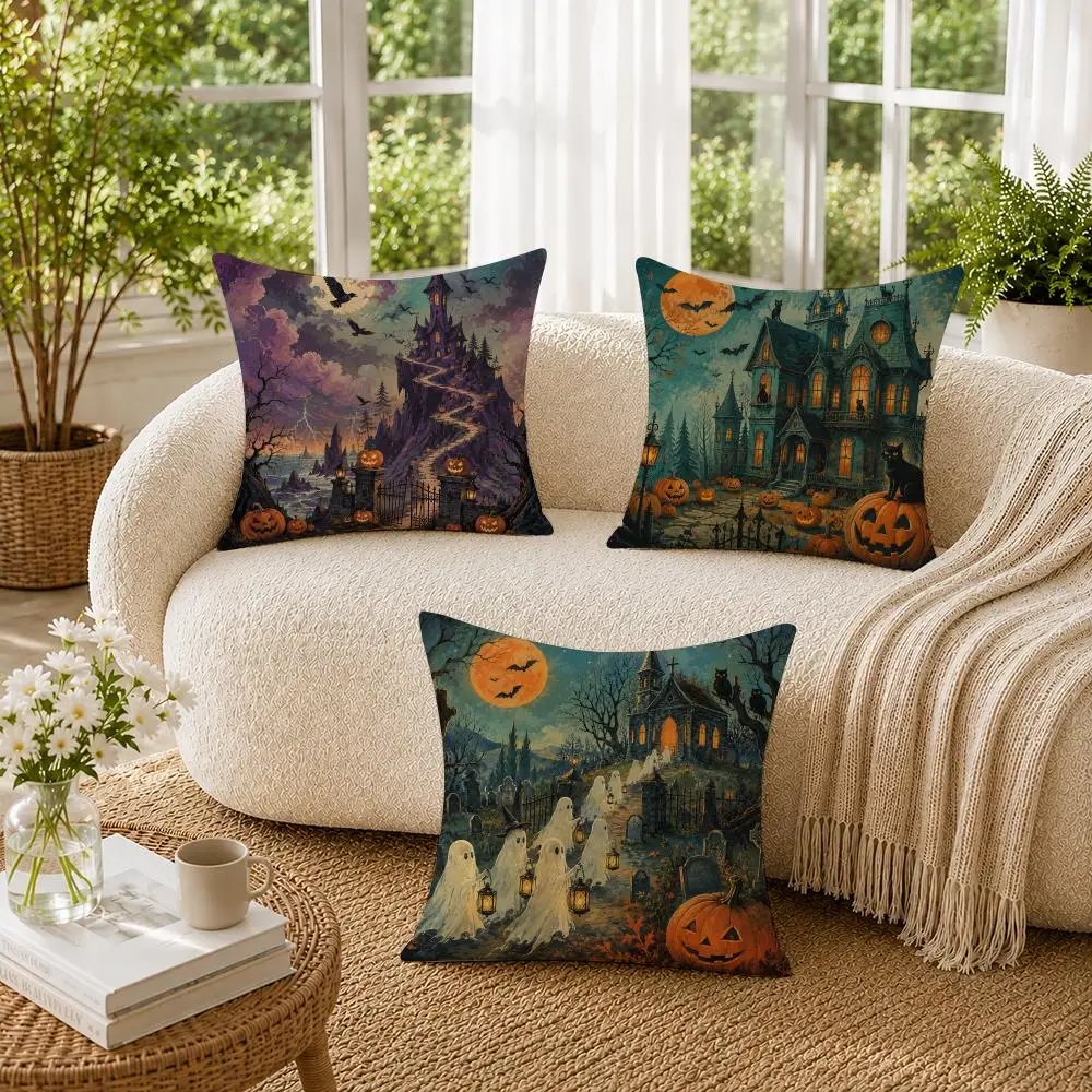 Spooky Halloween Haunted House Ghost Cushion Cover Double-Sided Plush Sofa Cushion Covers Organic Breathable Invisible Zipper