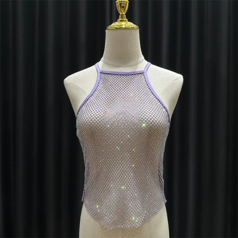 

Summer European and American Bright Diamond Hanging Neck Vest Suspender Female Hollow Colored Diamond Versatile Hot Girl Top