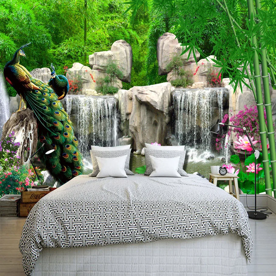 

Custom 3D Photo Wallpaper Bamboo Forest Rockery Peacock Background Photography Backdrop Living Room Bedroom Non-woven Wallpaper