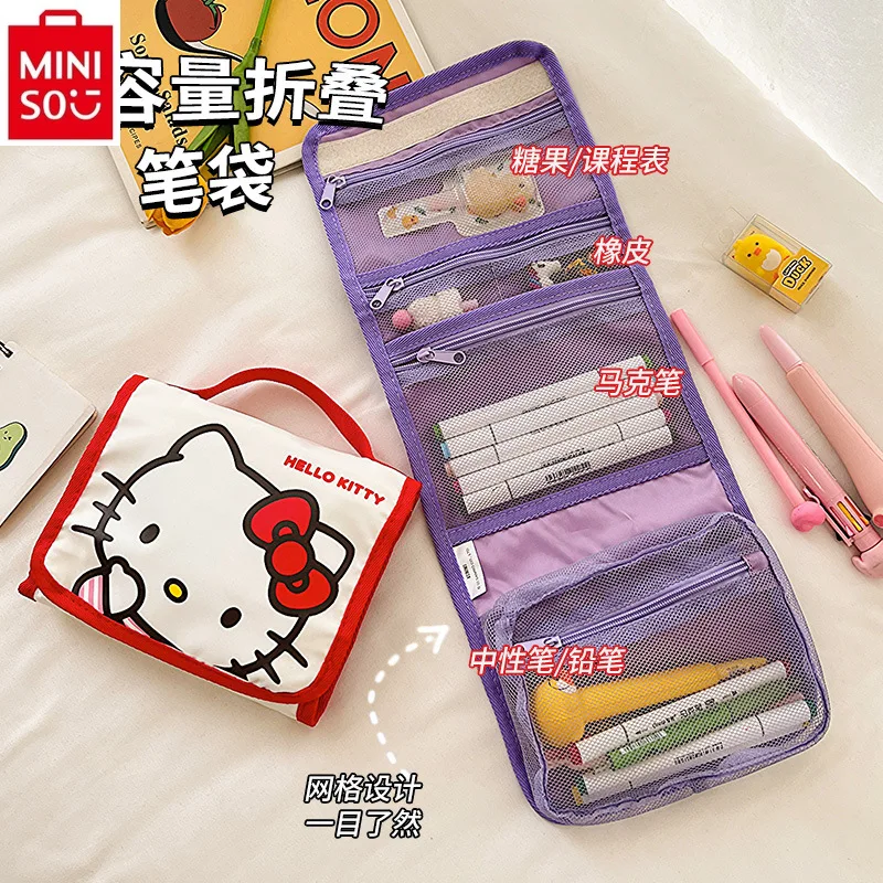 MINISO Sanrio tas penyimpanan portabel, tas kosmetik lipat tinggi kapasitas besar untuk Perjalanan Hello Kitty wanita