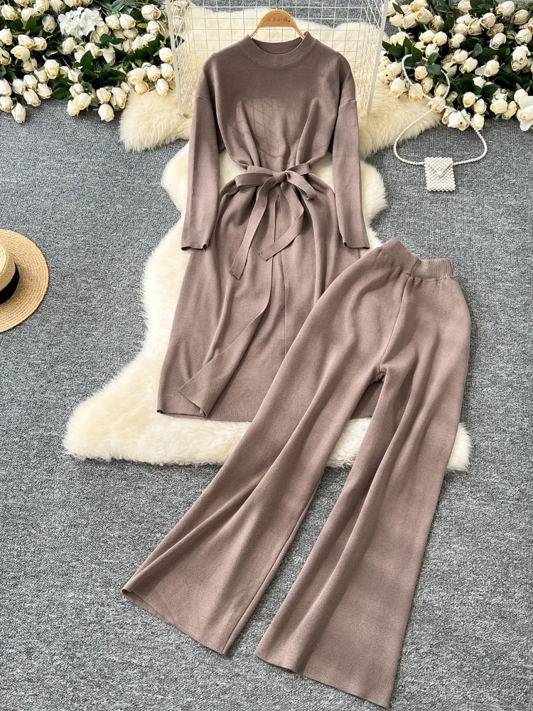 Autumn Winter Knitted Sweater Two-piece Set Women Medium Long with Straps Split Long Sweater High Waisted Straight Pants Suits