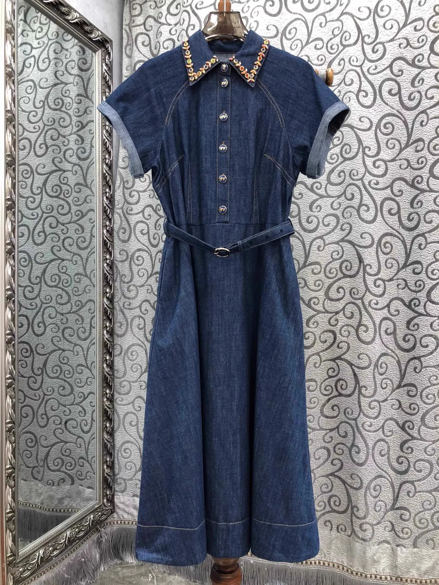 

100%Cotton Denim Dress 2025 Summer Women Turn-down Collar Beading Belt Deco Short Sleeve Mid-Calf Length Casual Blue Jeans Dress