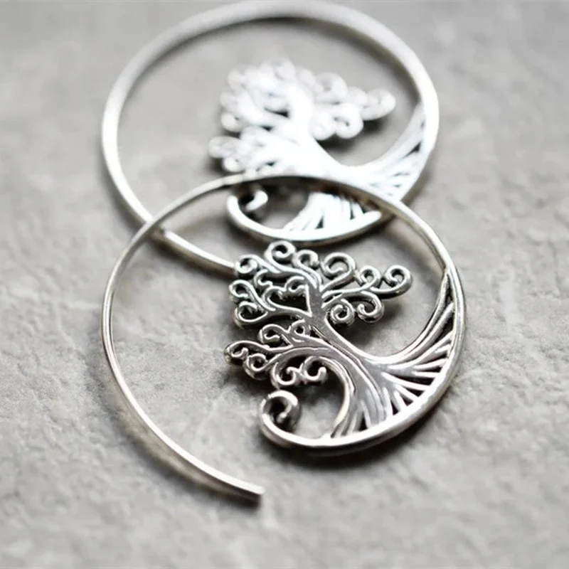 Vintage Round Metal Craftsman Carved Tree of Life Earrings Women Hook Simple Hoop Drop Earrings