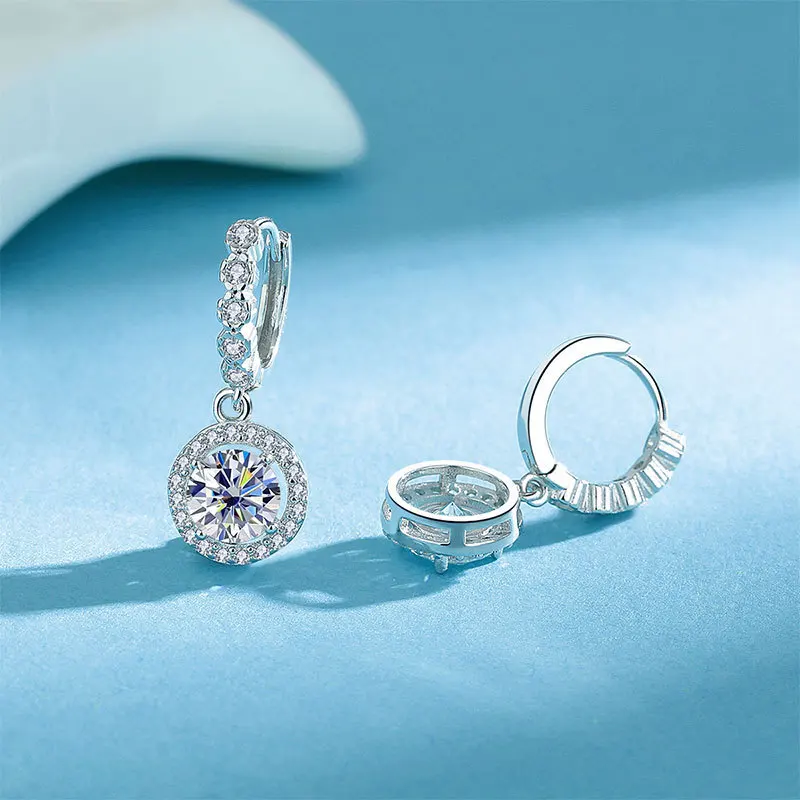 BR 1CT2CT3CT S925 Sterling Silver Moissanite Earrings for Women, Round Bezel & 4-Prong Ear Buckles, Luxury High-End Jewelry