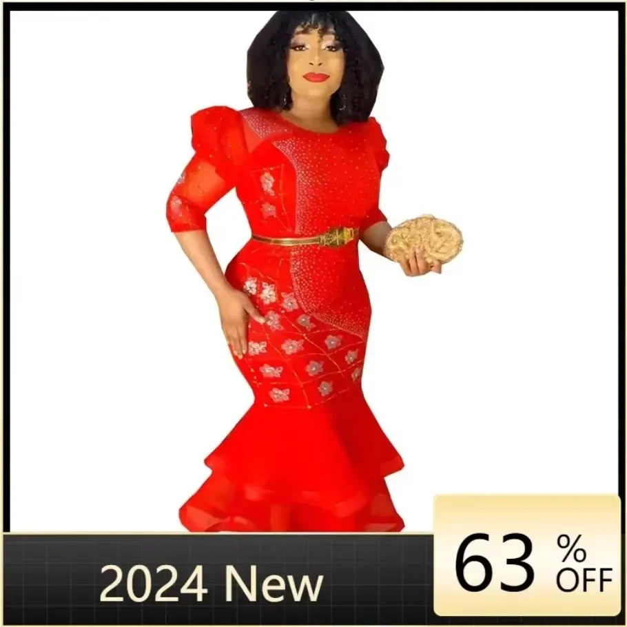 Customized African Dresses for Women Sequin Evening Wedding Party Mermaid Dress African Half Sleeve Long Dress Dashiki African C