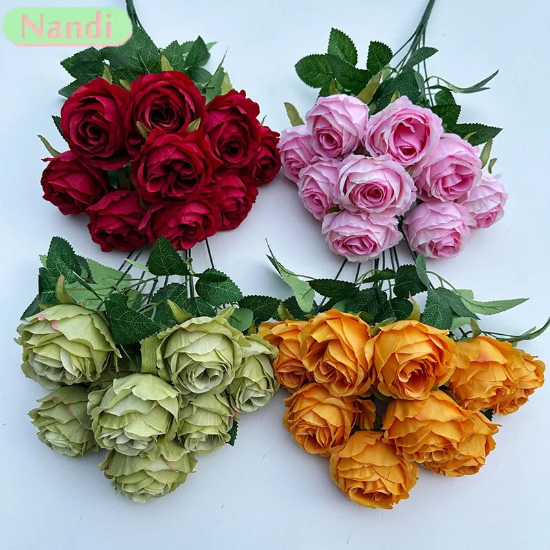 Künstlicher Blumenstrauß mit 9 Gabeln, Seidenrosen für Hochzeit, Heimdekoration, Valentinstagsgeschenk, Zimmertischdekoration, Landschaftsdekoration