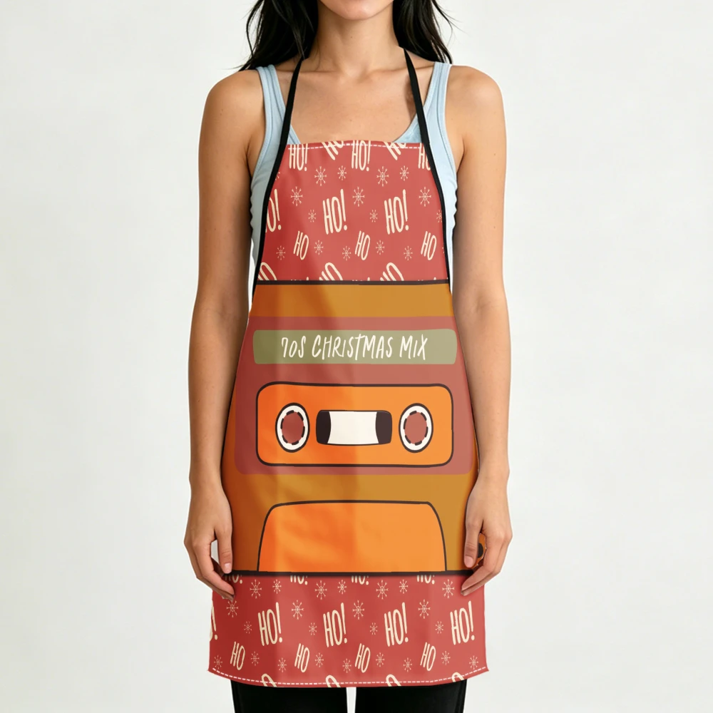 Retro Vintage Style Apron 80S Christmas Mix Cassette Tape Print Kitchen Aprons Cooking Baking Holiday Party Wear Adjustable Bibs