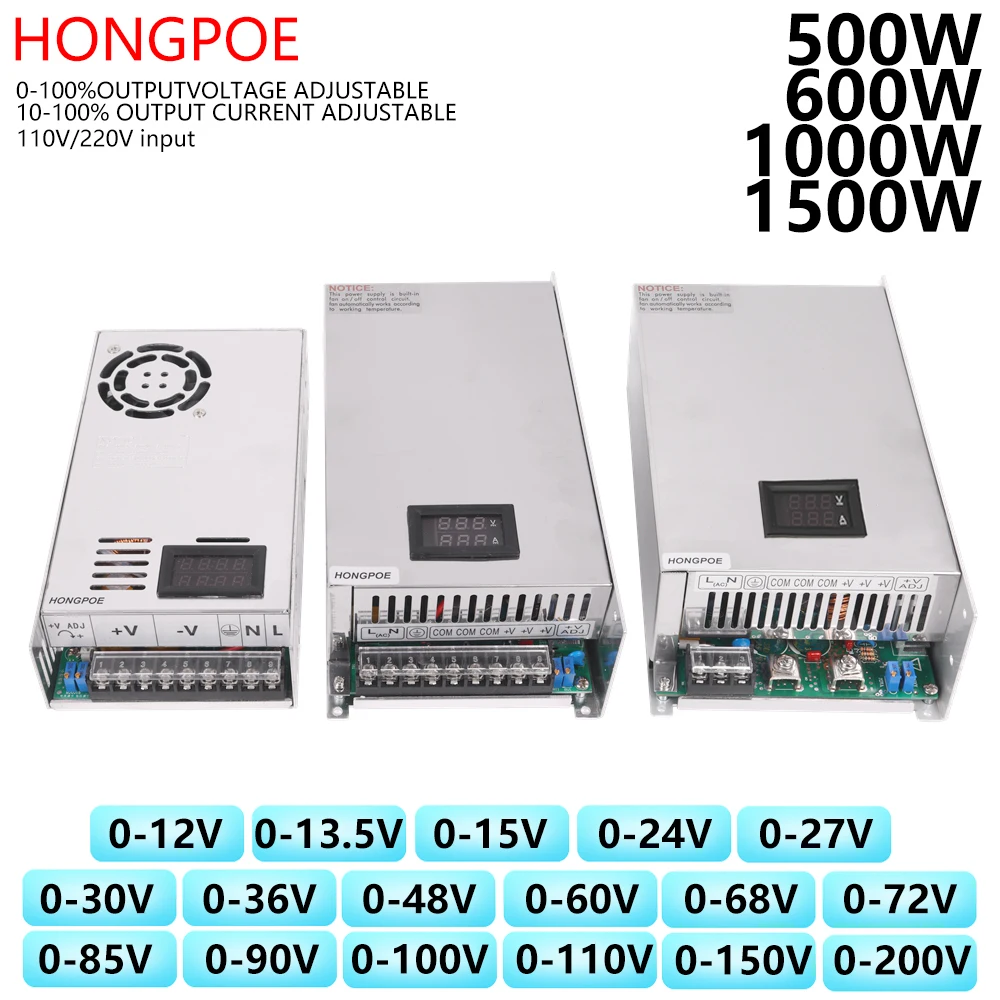 Digital Display Adjustable 500W 600W 1000W Power Supply 0-12V 13.5V 24V 27V 30V 36V 48V 60V 72V 85V 110V 150V 200V Ac To Dc Smps