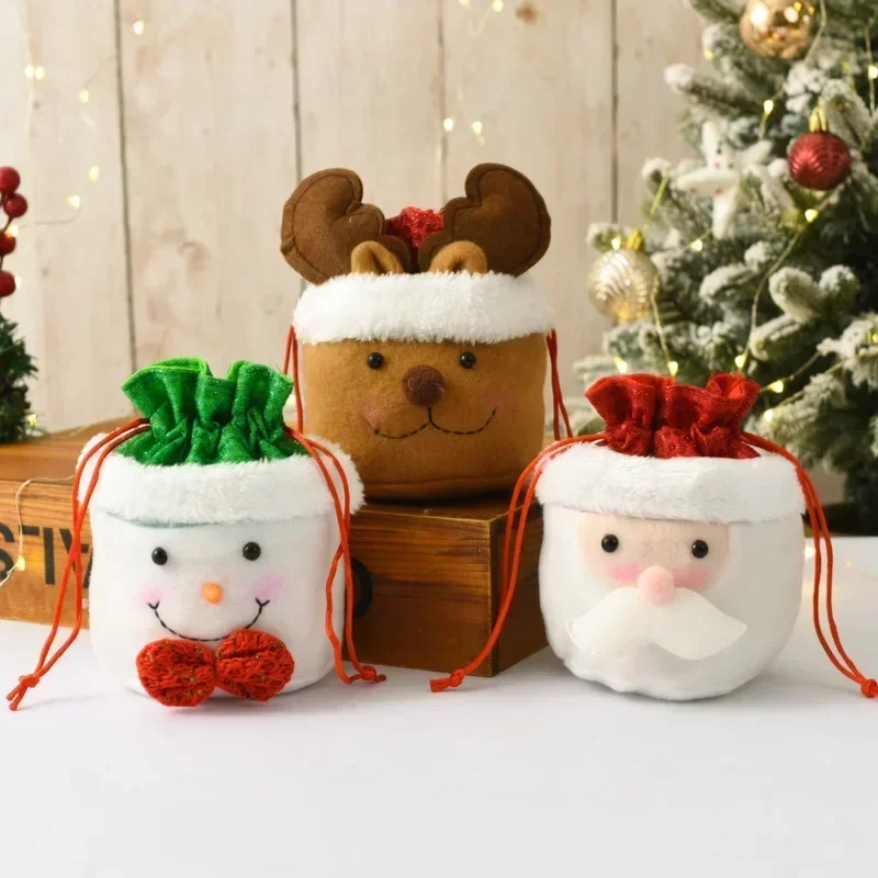 Cartoon Christmas Drawstring Gift Bag Cookies Candy New Year Santa Claus Elk Snowman Wrapping Packaging Storage Purses DIY Gifts