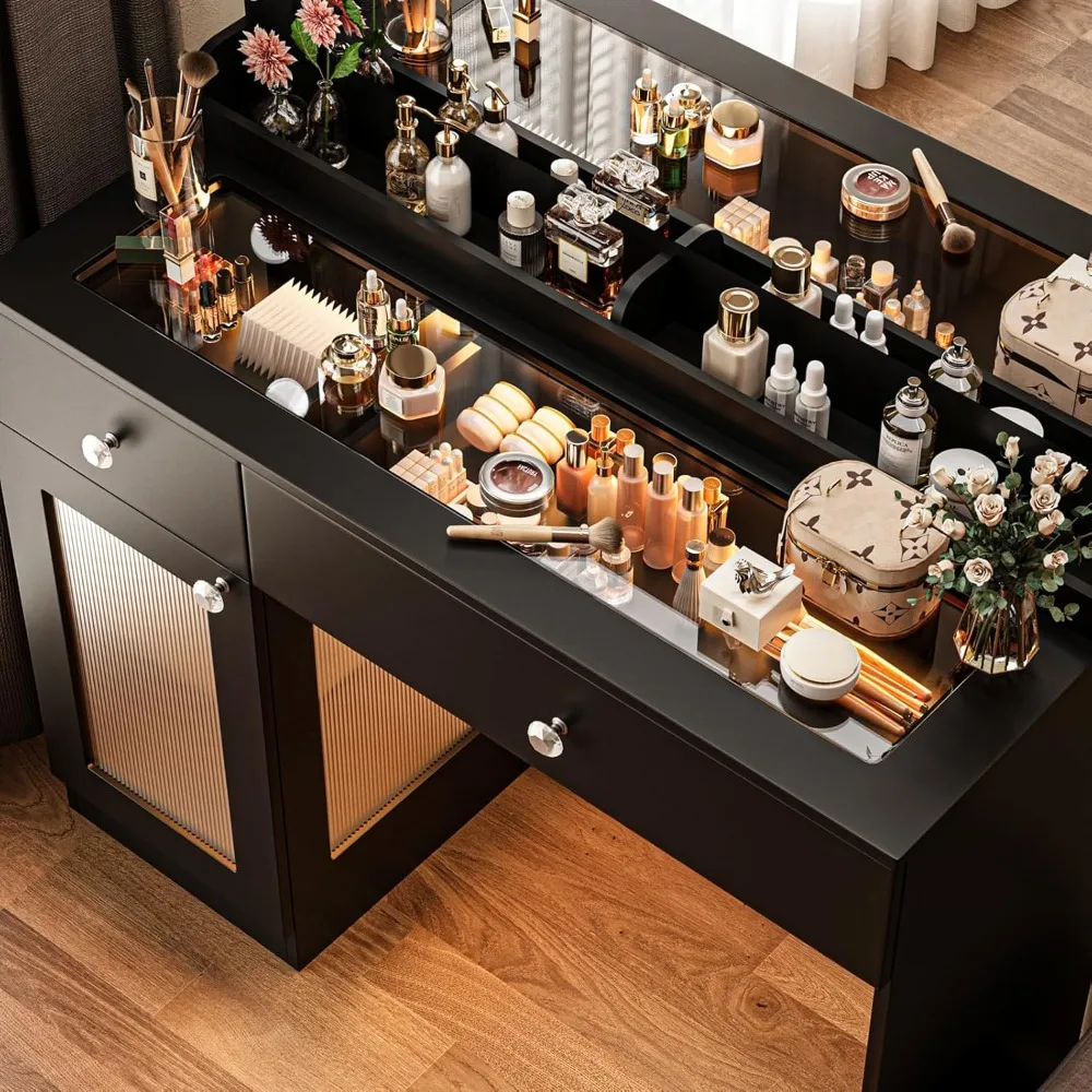 مكتب فانيتي مع مرآة وأضواء كبيرة، مكياج زجاجي مقاس 39.4 بوصة مع أدراج خزانة RGB مخرج طاقة 3 ألوان خفيفة