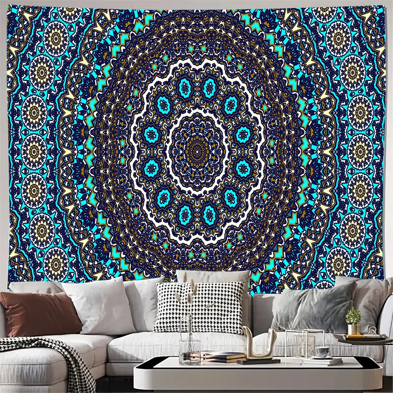 Blue Turquoise Gold Bohemian Mandala Pattern Wall Tapestry Machine Washable All Season Decor Print Home Easy to clean non-toxic
