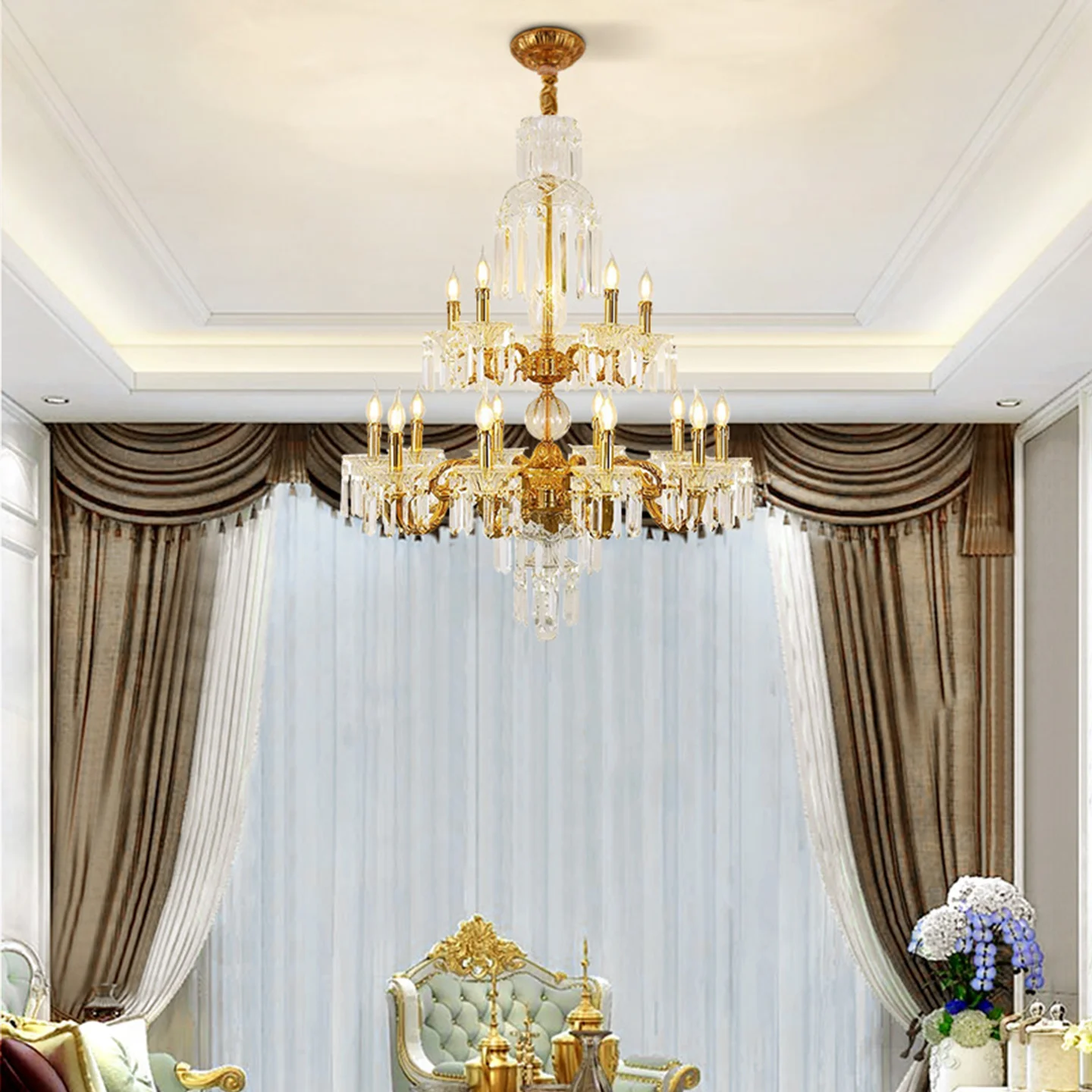 European Mid Century Luxury Crystal Decor Villa Banquet Hall Wedding Decor Chandelier Living Room Hotel Copper Pendant Lamp