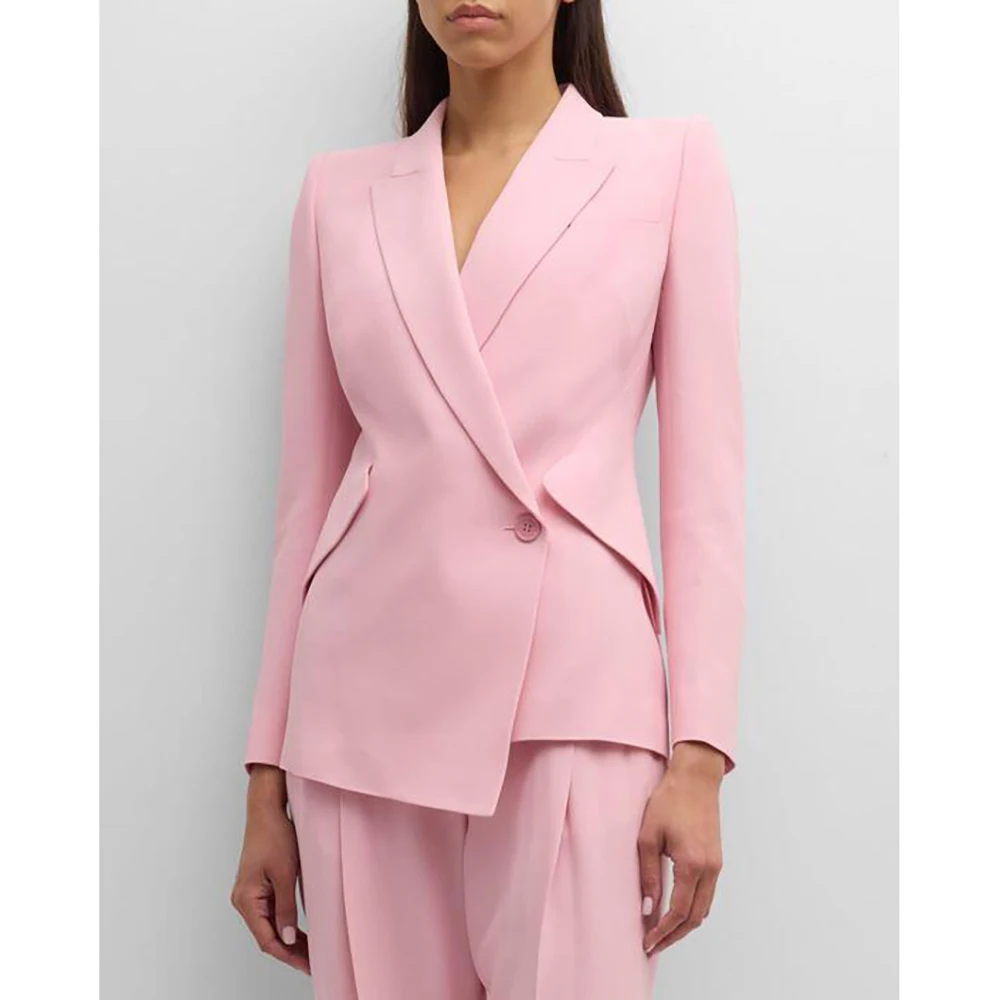 Chic Pink One Button Design Slim Women Pants Set High-end Female Two Pieces(Blazer+Trousers)أطقم بناطيل