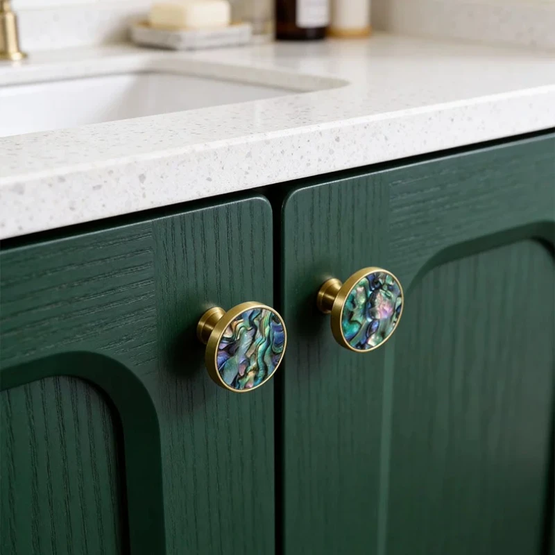 Brass Furniture Natural Shell Pattern Circular Single Hole French Modern Light Luxury Drawer Wardrobe Hardware Door Handle
