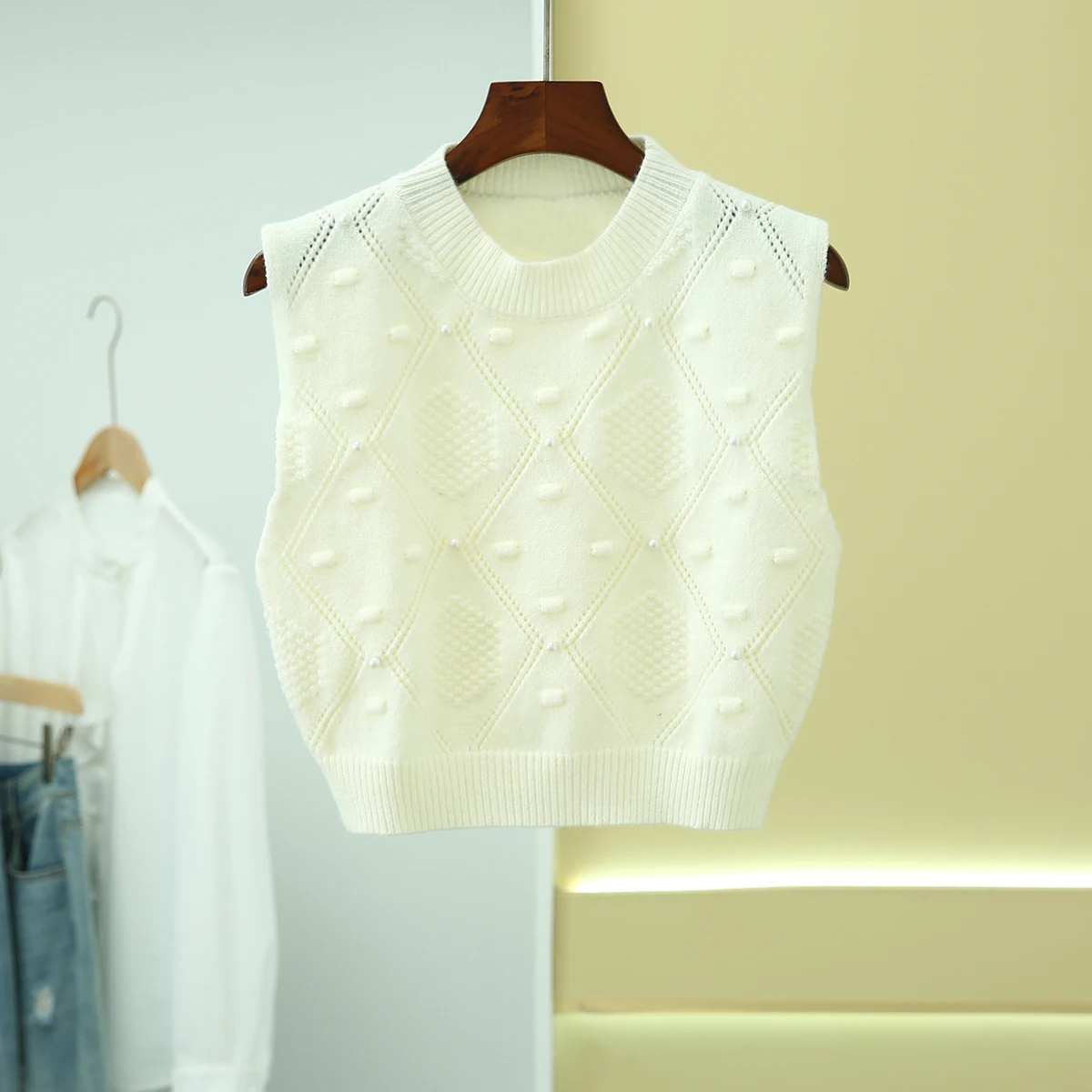 

Дизайн Sensation, цвет из бисера, вязаный жилет с высоким воротником, новая осенне-зимняя одежда, свитер Dongyang для дома и поездок на работу