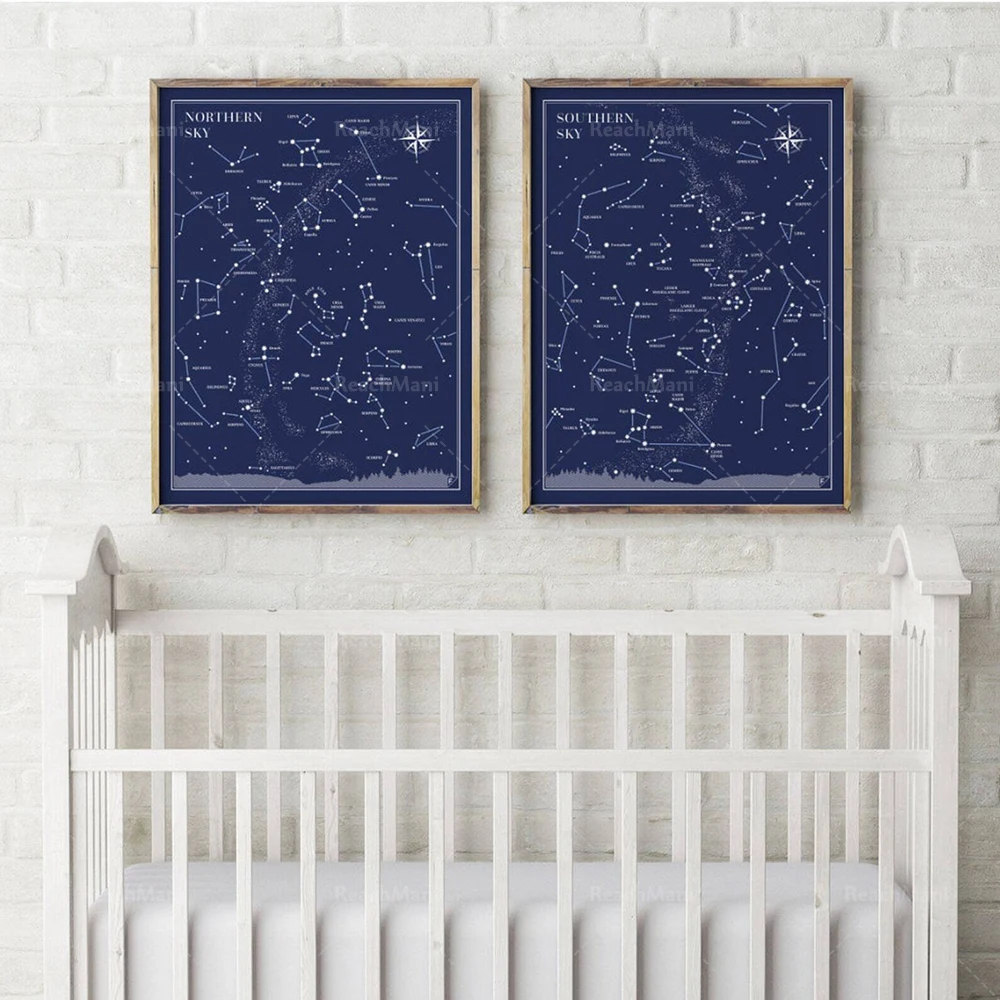 Little & Big Astronomer Prints - North and South Sky Poster, Sky Map, Constellation Print, Travel Gift,