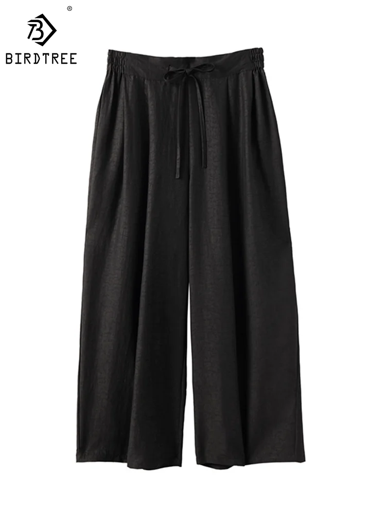 

Birdtree 25MM 100%Mulberry Silk Elegant Wide Leg Pants Watered Gauze Lace Up Casual Loose Black Pants Summer Autumn New B39875QM