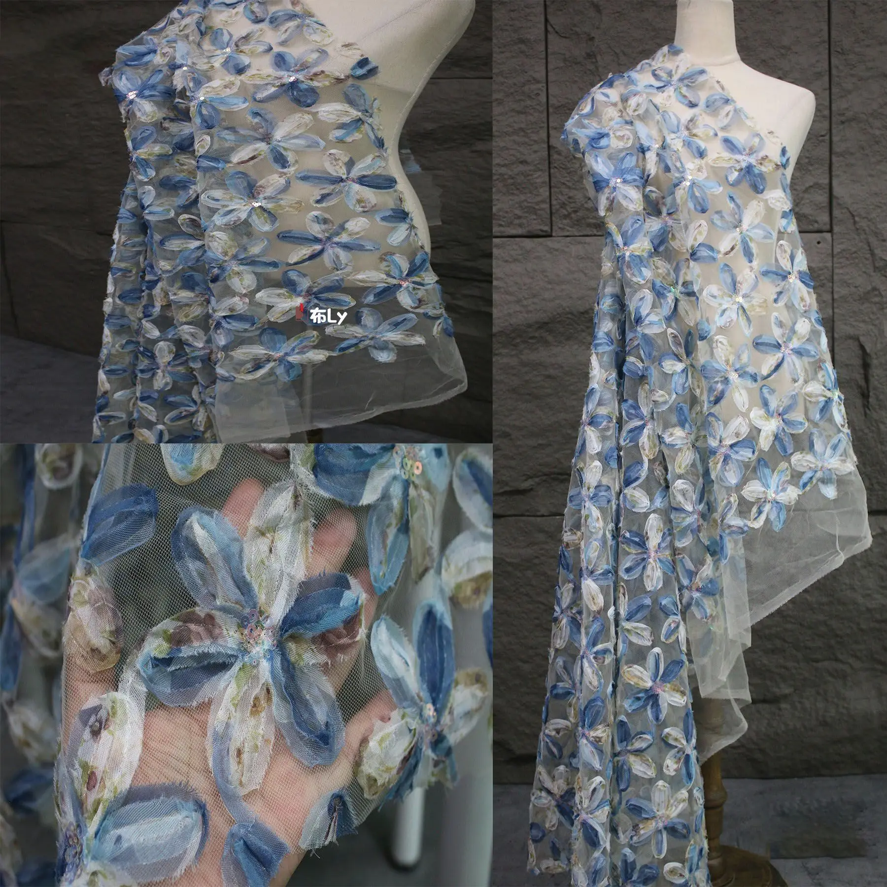 

Mesh sequins flower embroidery fabric three-dimensional lace creative background decorative dress dress designer fabric
