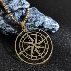 Gold Color Mens Compass Necklaces,Vintage Viking North Star Anchor Medal,Stainless Steel Pendant for Male Boyfriend Dad Gift