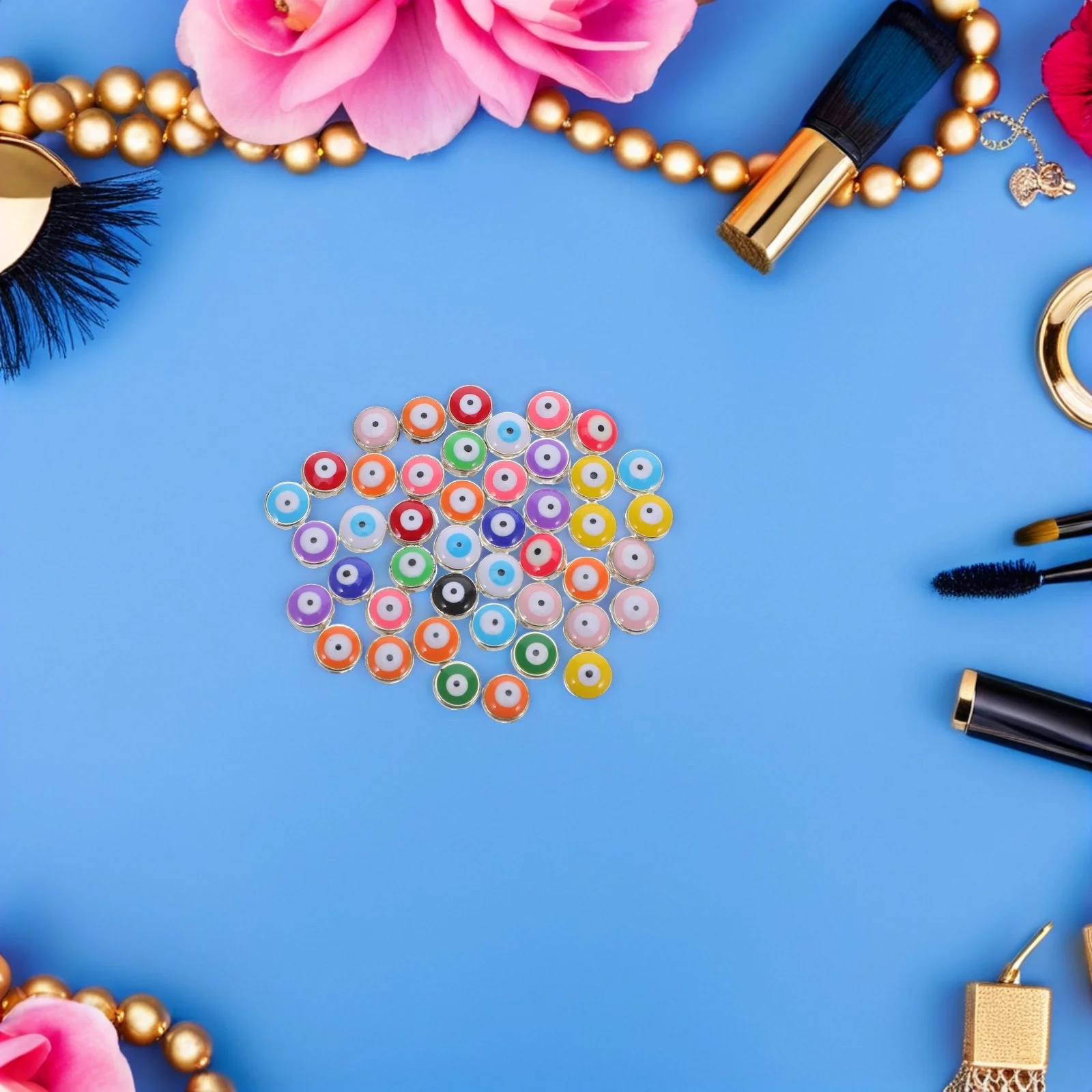 

60Pcs Evil Eye Beads Resin Flat Round Charms for Jewelry Making DIY Bracelets Necklaces Earrings Keychains Craft Projects Spacer