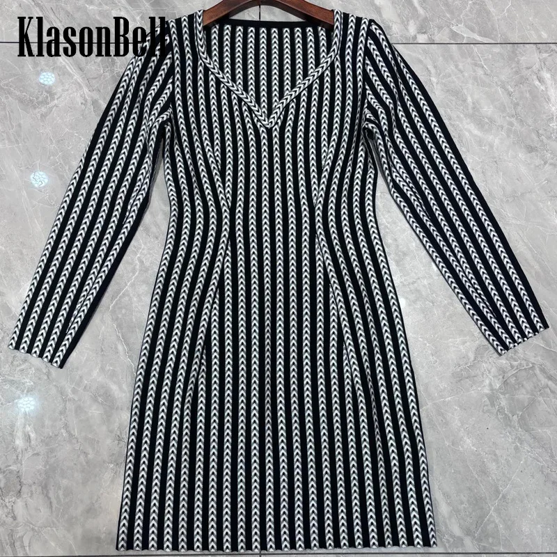 

9.2 KlasonBell Women Contrast Color Striped Long Sleeve Knit Dress Elegant Sexy Deep V-Neck Collect Waist Package Hip Dress