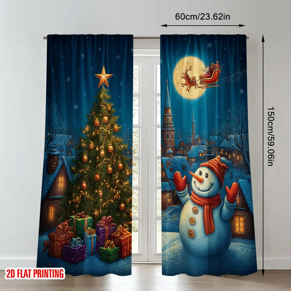 2pcs 2D flat printing Happy Christmas Scene Curtains Christmas Scene Snowman Santa Village Digital Printed Polyester Drapes