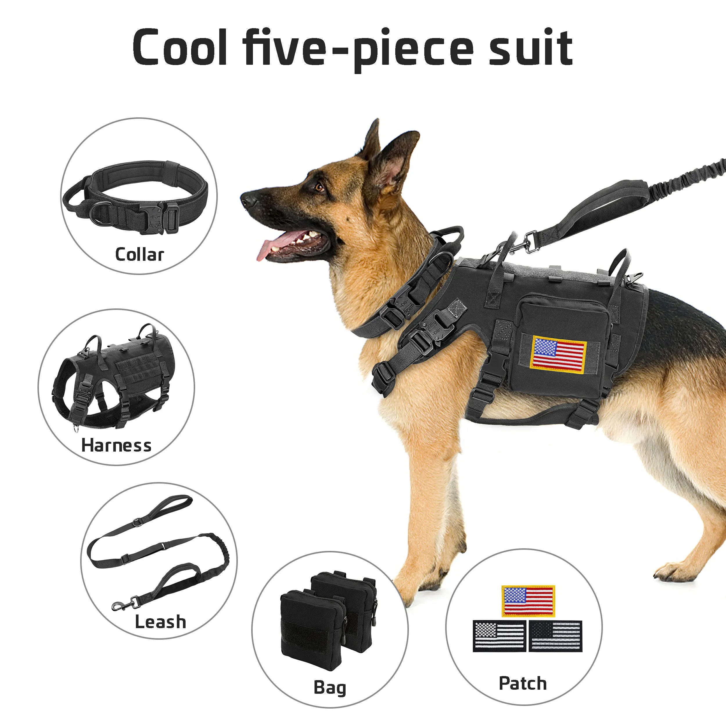 Tactical Dog Collar Harness Leash Nylon Military Pet Training Harness Vest With Bag For Medium Large Dogs Molle Harness Pouches