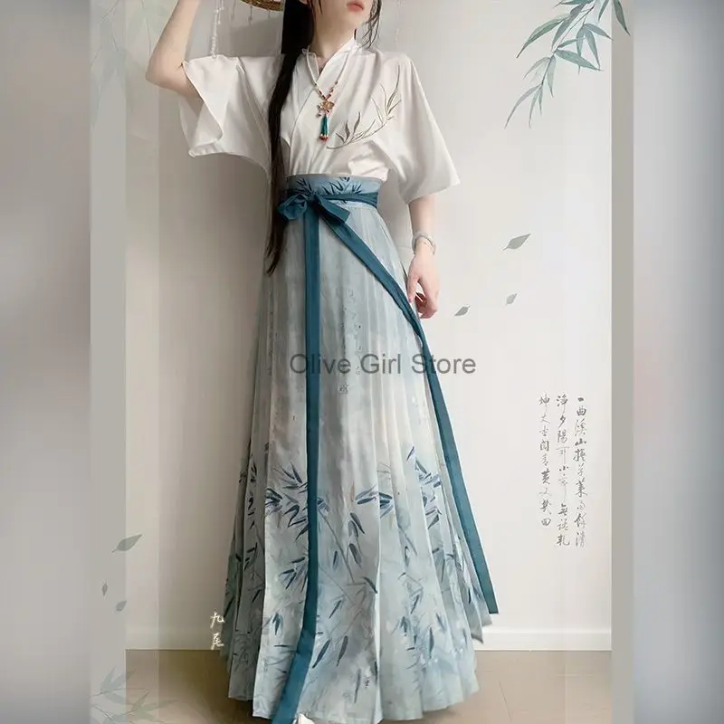 Abito cinese Originale Hanfu Gonna con faccia di cavallo Estate Abiti da donna moderni Dinastia Ming Ricamo Nuovo abbigliamento tradizionale