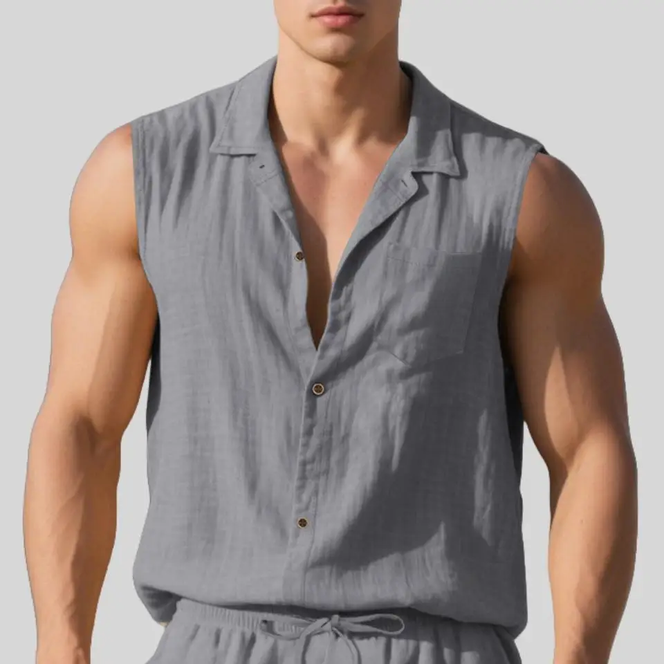 

BL ANME Casual Linen Set with Collarless Sleeveless Shirt And Shorts for Men Comfortable Breathable Spring Wear