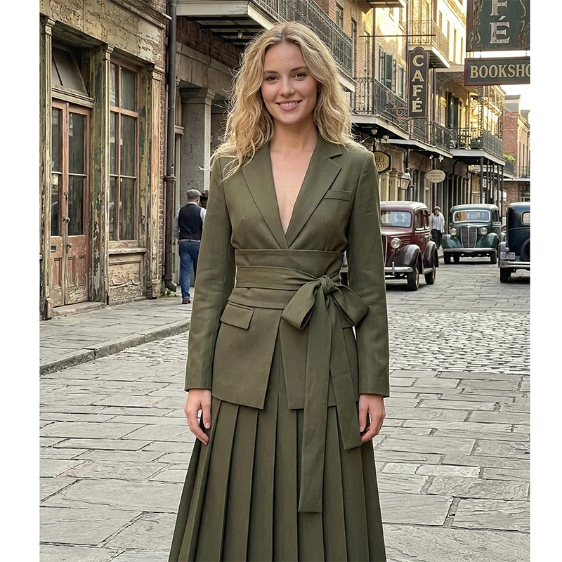 

Elegant Olive Green Blazer Set Women Chic Belted Jacket And Pleated Maxi Skirt 2 Piece Suit Office Lady Outfits Workwear 2026