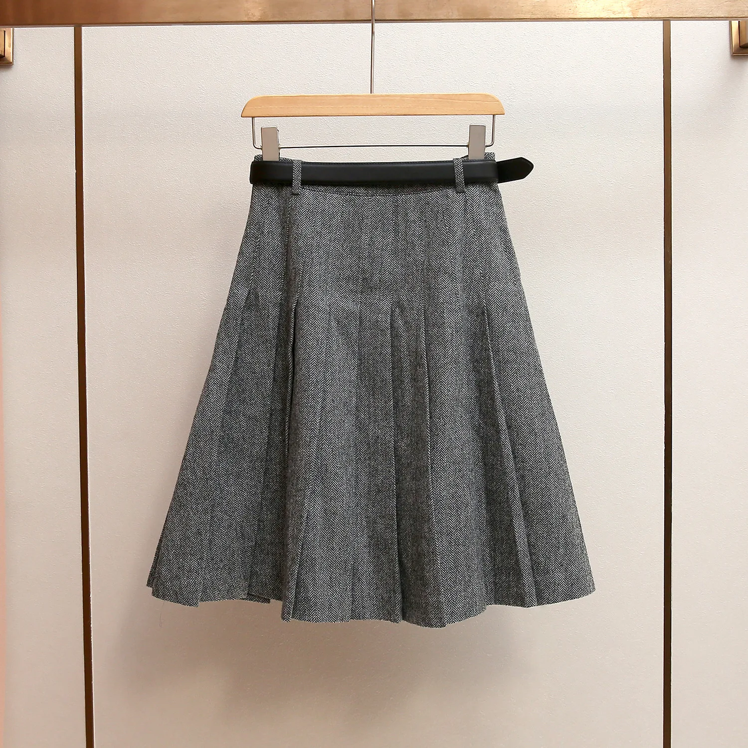 Hoge Kwaliteit Herfst Winter Koreaanse Stijl A-lijn Grijze Geplooide Midi Rok Slanke Hoge Taille Gordel Split Zoom vrouw kleding