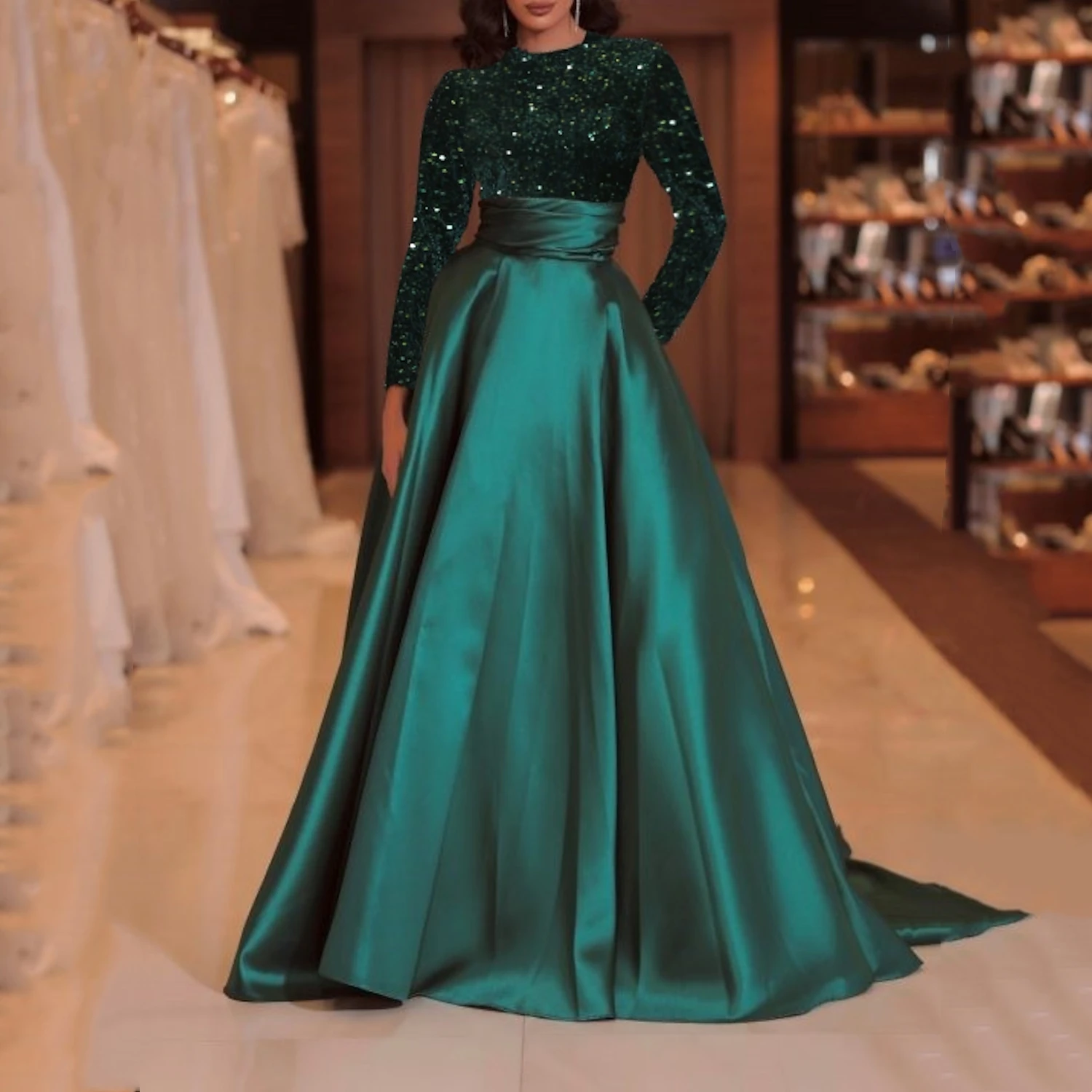 Green Elegant Evening Dresses for Women customized Sequins Prom Gala Satin Suitable Request A-line Gowns Dubai Luxury Dress