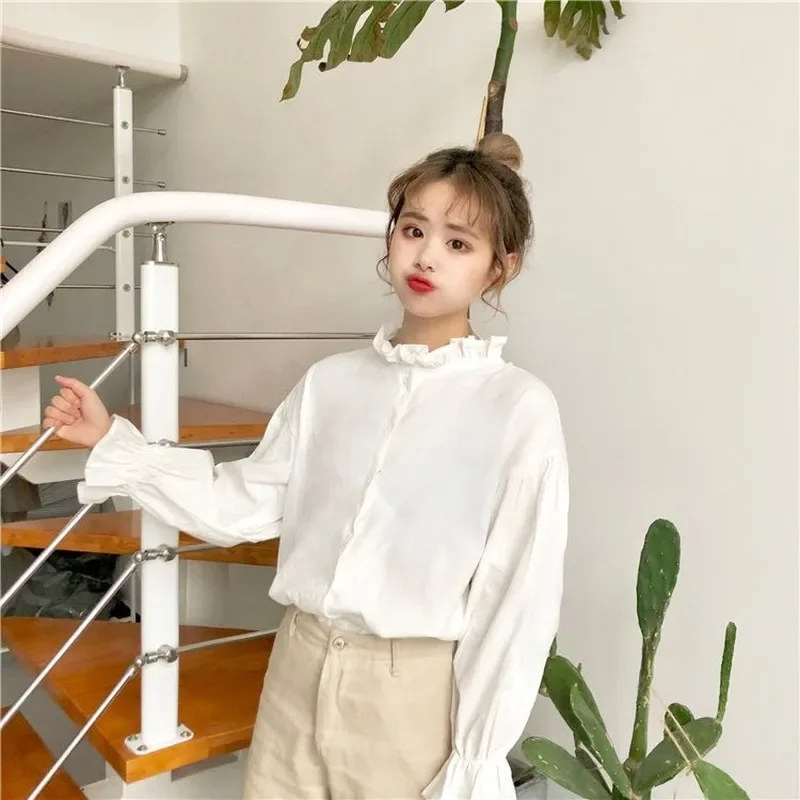 White Blouse Women Shirts Harajuku Clothes Womens Tops and Blouses All Match Flare Sleeve Korean Style New Fashion Ulzzang Chic