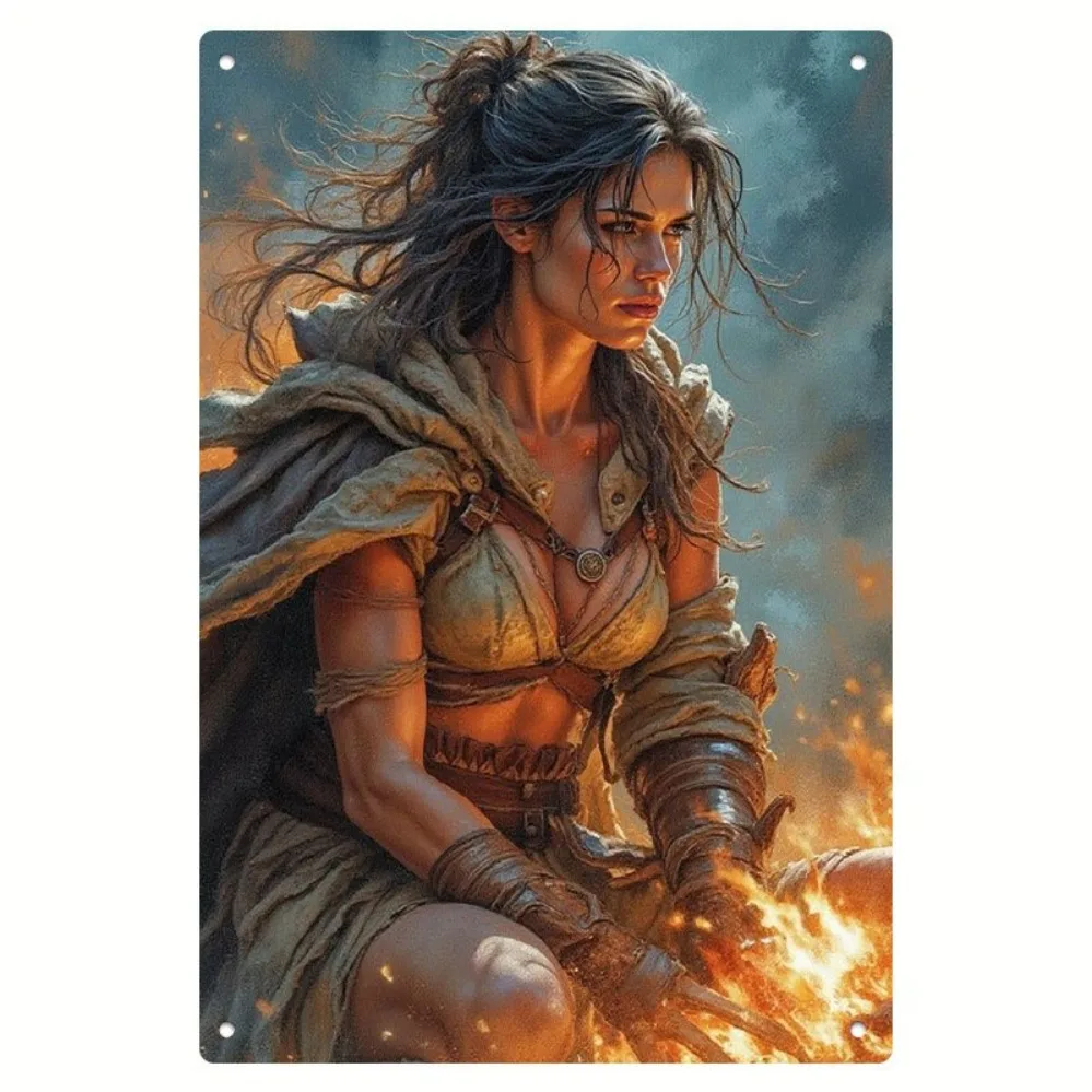 Vintage Flame  Metal Wall Art 8x12 Inch - Medieval Goddess Decor Beige/Brown/Gold/Black - Indoor Outdoor Home Decor for L