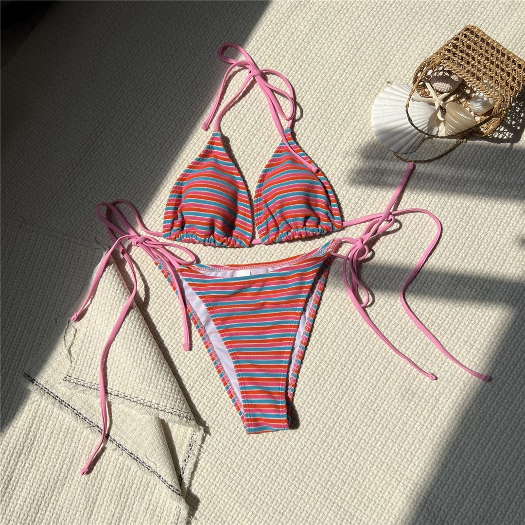 8 Farben, pinkfarbenes zweiteiliges Bikini-Set, gestreiftes Bikini-Oberteil mit hohem Beinausschnitt, Damen-Badeanzug, Damen-Badebekleidung, Badeanzug, Schwimmanzug V5540. – Detail 18