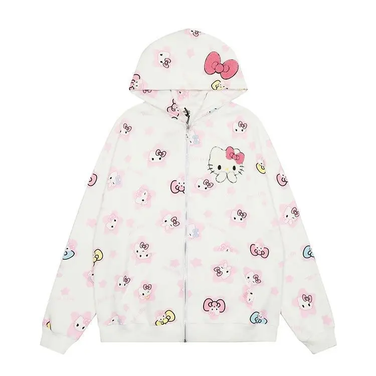 Sanrio Hello Kitty Autumn Hooded Cardigan Zipper Sweatshirt Cute Sweet Girl Loose Comfortable Sweatshirt Women Coat Kawaii Gift