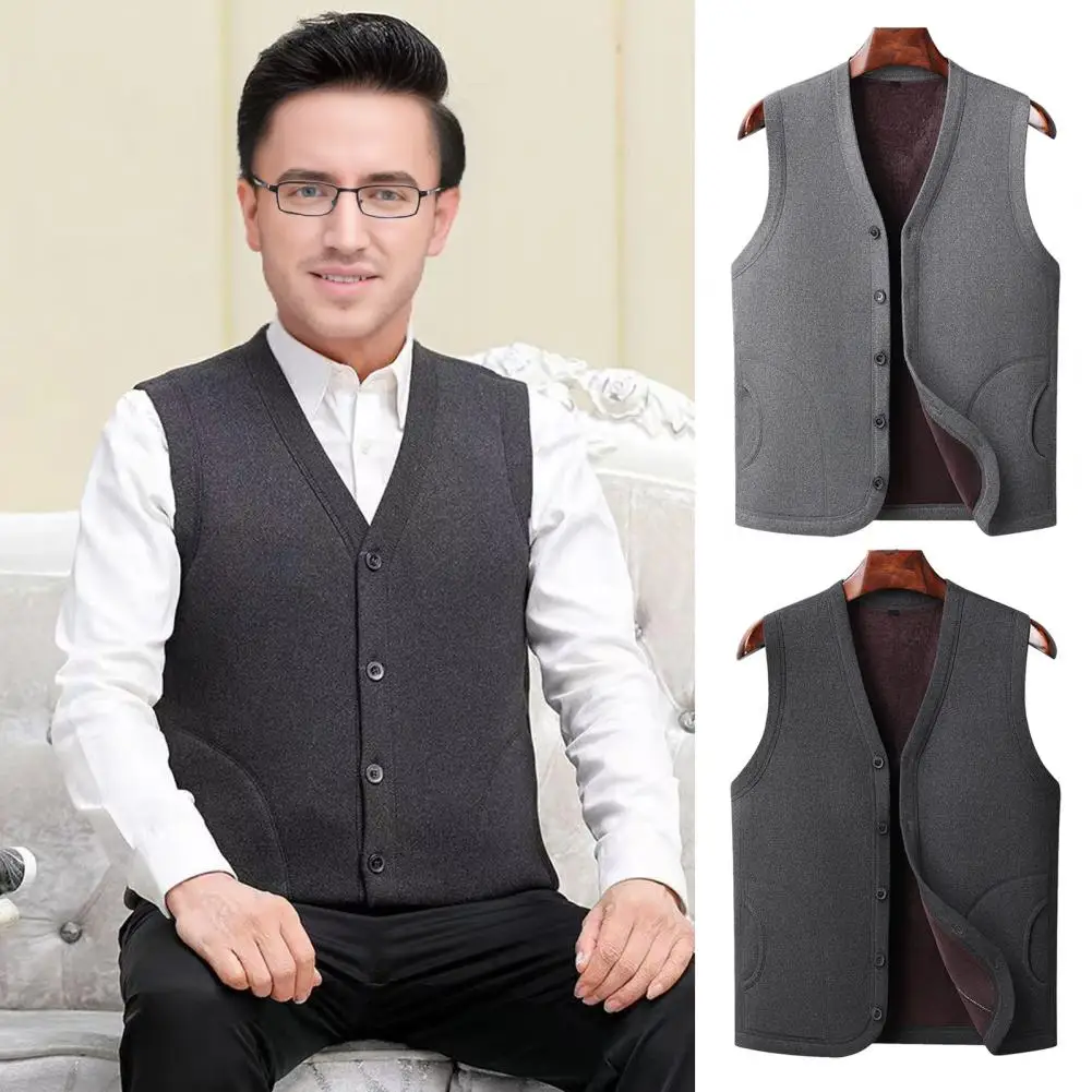 

2026 Coldproof Men Vest Coat V-Neck Sleeveless Single Breasted Waistcoat With Pockets Solid Color Thickened Velvet Lining Coldpr