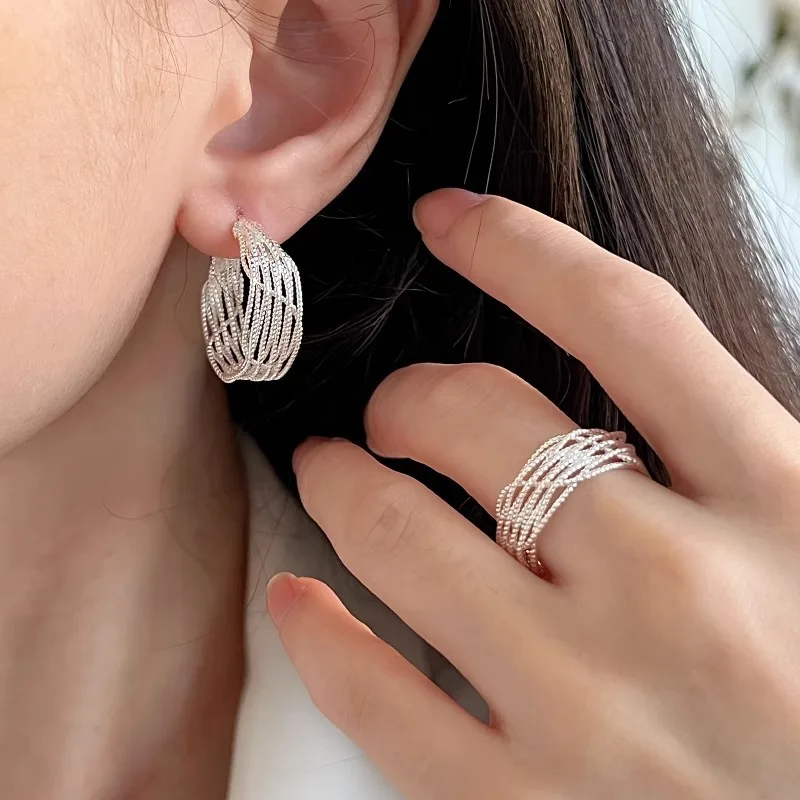 

925 Sterling Silver Weaving Multiple Layers of Hollow Lines Stud Earring for Women Fine Jewelry High Luxury Vintage Accessories