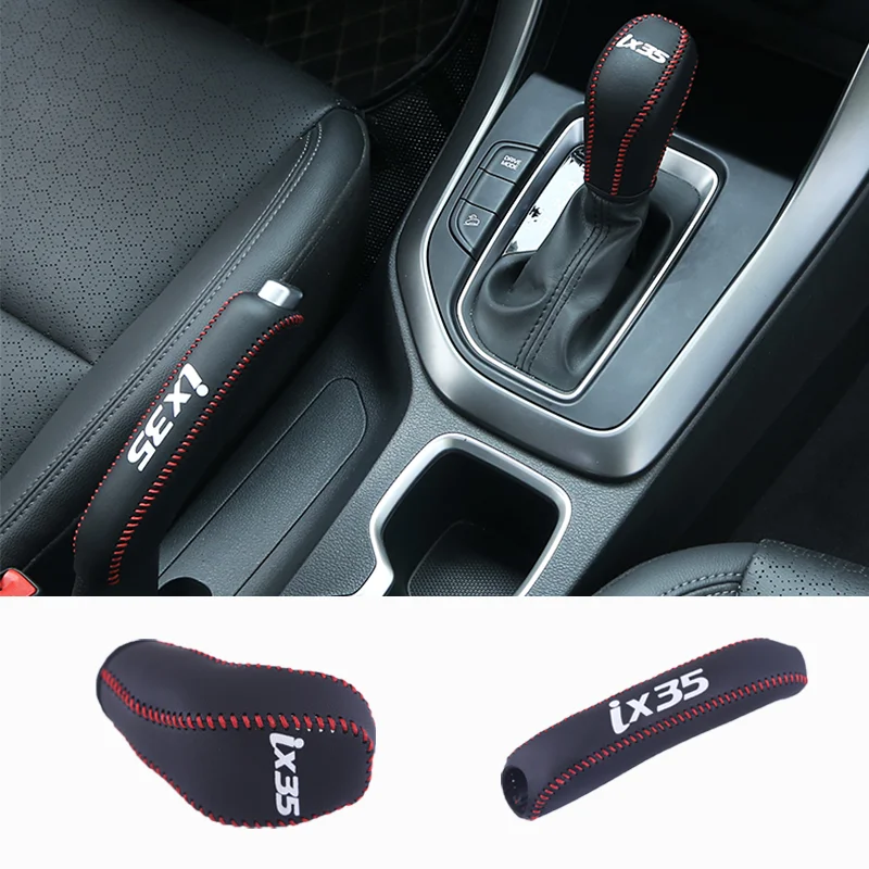 Auto Leather Handbrake Cover Pad Gear Shift Knob Case Sleeve Head Handle Ball Collars For Hyundai IX35 2018-2019 Car Accessories