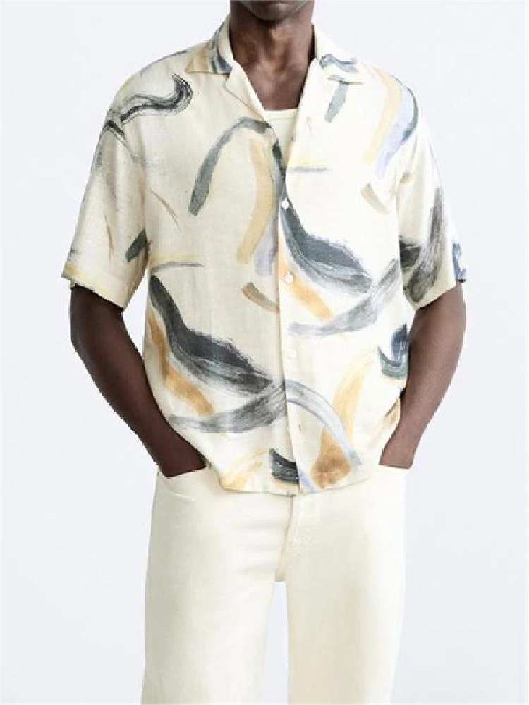 

Акварельная живопись Принт fiti irt Мужская Женская Летняя новинка Sle Хлопок Полиэстер ort Sve Button up Casual irt