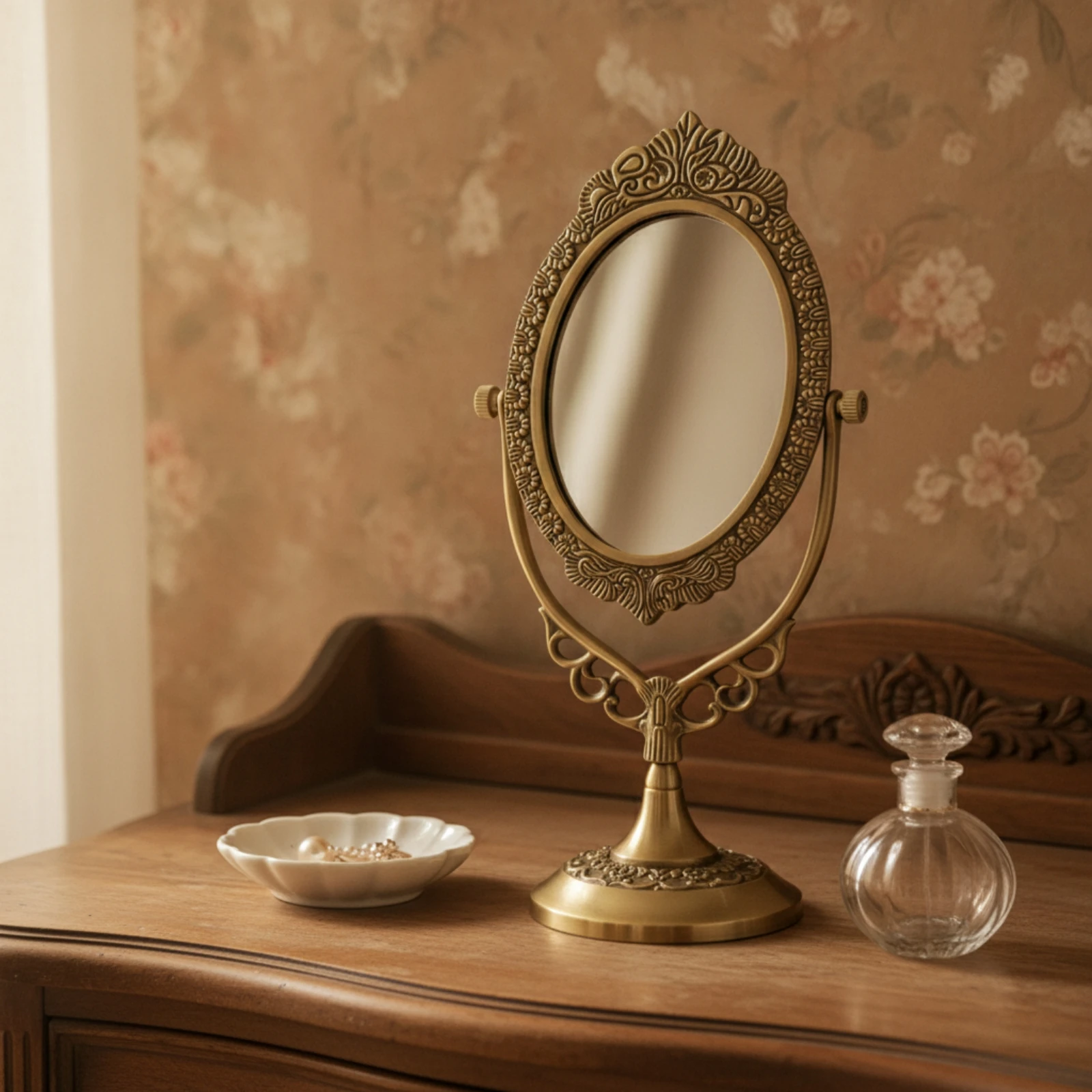 Brass Mirror with Pedestal Base Adjustable Oval Vanity Mirror with Stand Embossed Elegant for Dressing Table, Bedroom