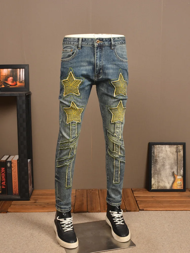 Retro XINGX Embroidered Jeans Men's Fashion Street Slim Fit Skinny Stretch Patch Washed Distressed Casual Men's Trousers