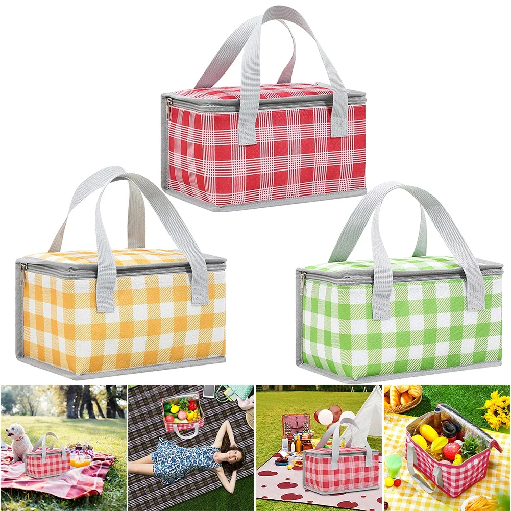 Insulated Picnic Bag Dual Zippers Plaid Lunch Tote Bag Large Capacity Picnic Basket Bag Multifunction for Outdoor Beach BBQ