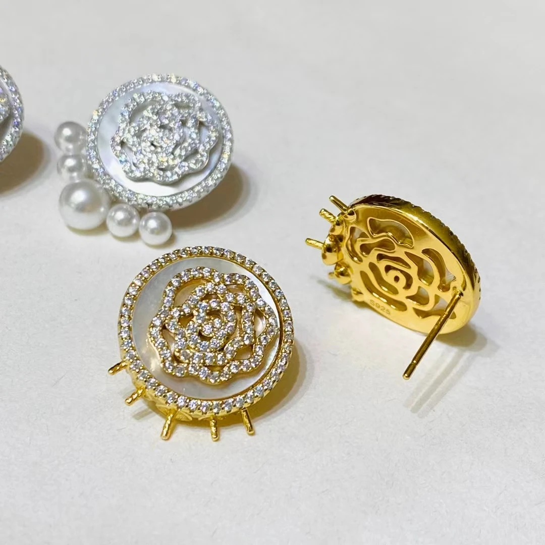 Wholesale Rose Flower 925 Sterling Silver Earrings Mount Findings Settings Base Mounting Parts Accessory for 3.5-5mm Pearls