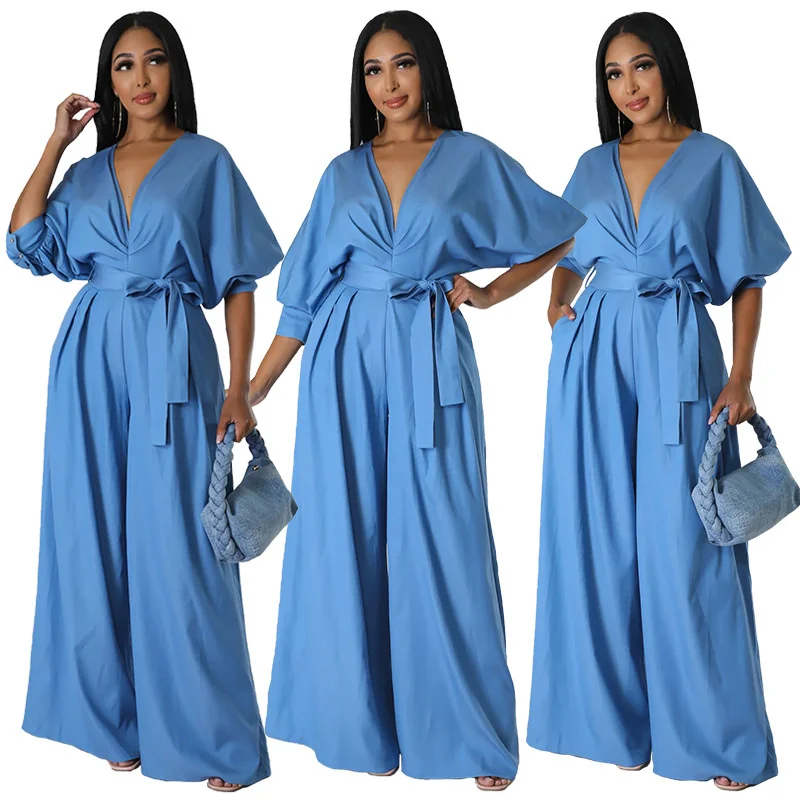 

Women's Solid Color Jumpsuits 2023 Summer New Fashion Sexy V-neck Elegant Loose Jumpsuit Temperament Commuter Ladies Jumpsuit