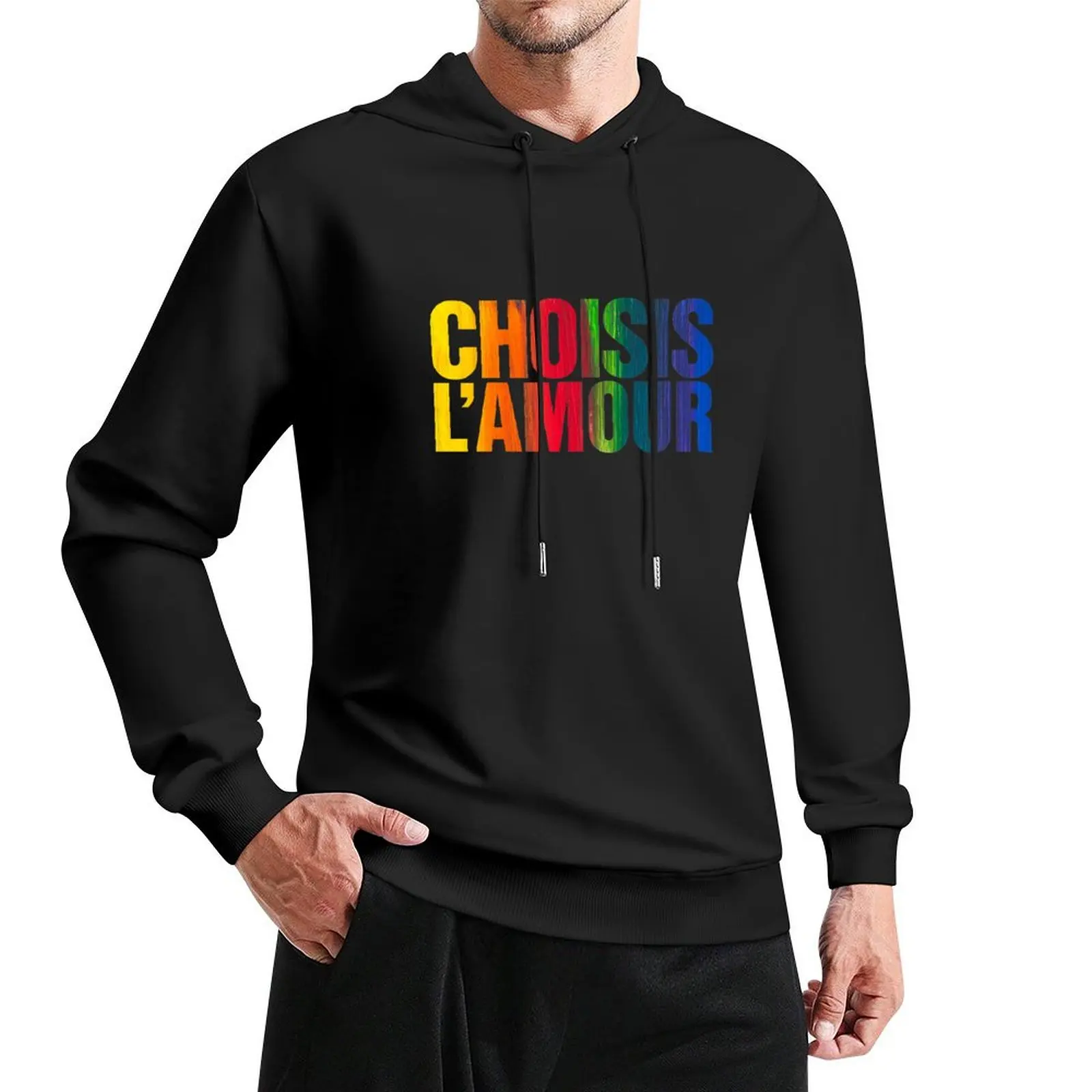 

Choisis L'amour French Slogan Rainbow Pride Background Pullover Hoodie fashion men hooded shirt men's winter sweater mens hoodie