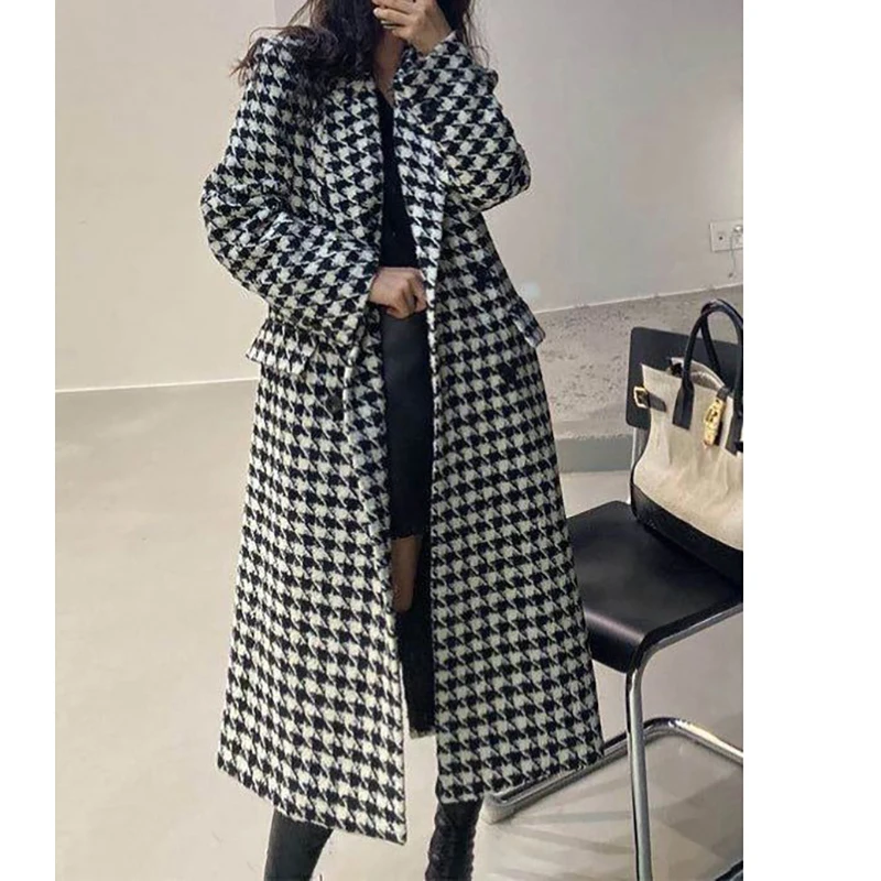 Elegant Winter Men's Blazer 1 Piece Double Breasted Peak Lapel Houndstooth Office Lady Female Clothing Long Jacket Outerwear